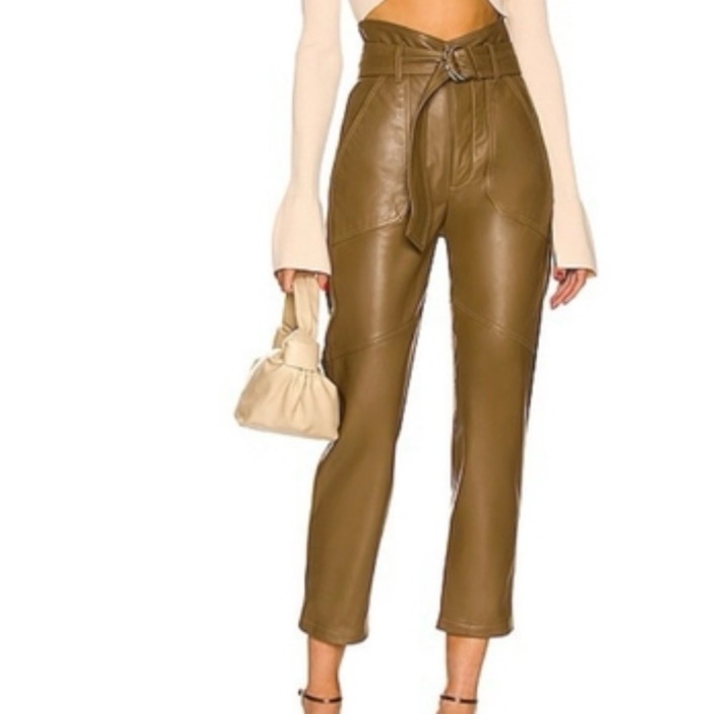 Marissa Webb Olive Brown High-Waist Belted Leather Ankle Pants